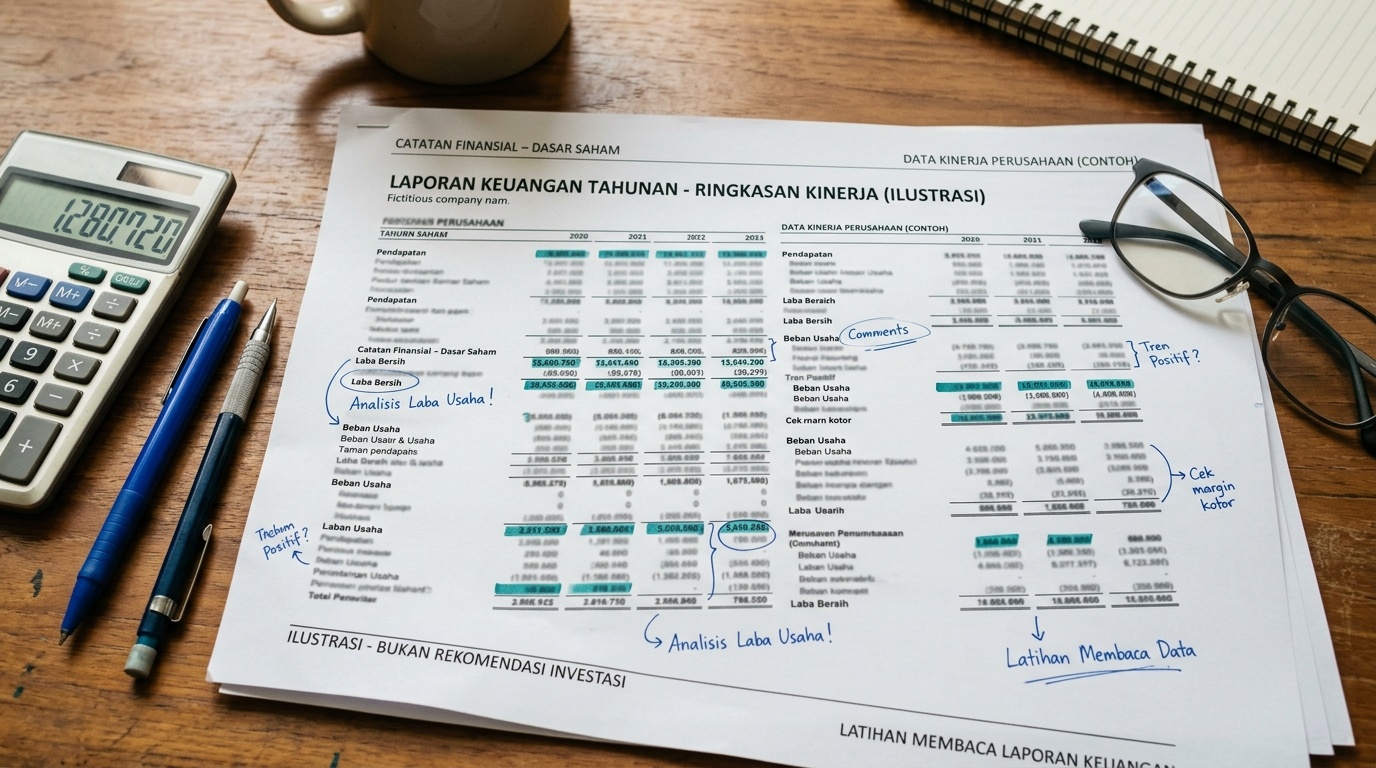 Halaman laporan tahunan perusahaan fiktif yang ditandai dengan pena, ditemani kalkulator, menggambarkan kegiatan membaca data perusahaan.