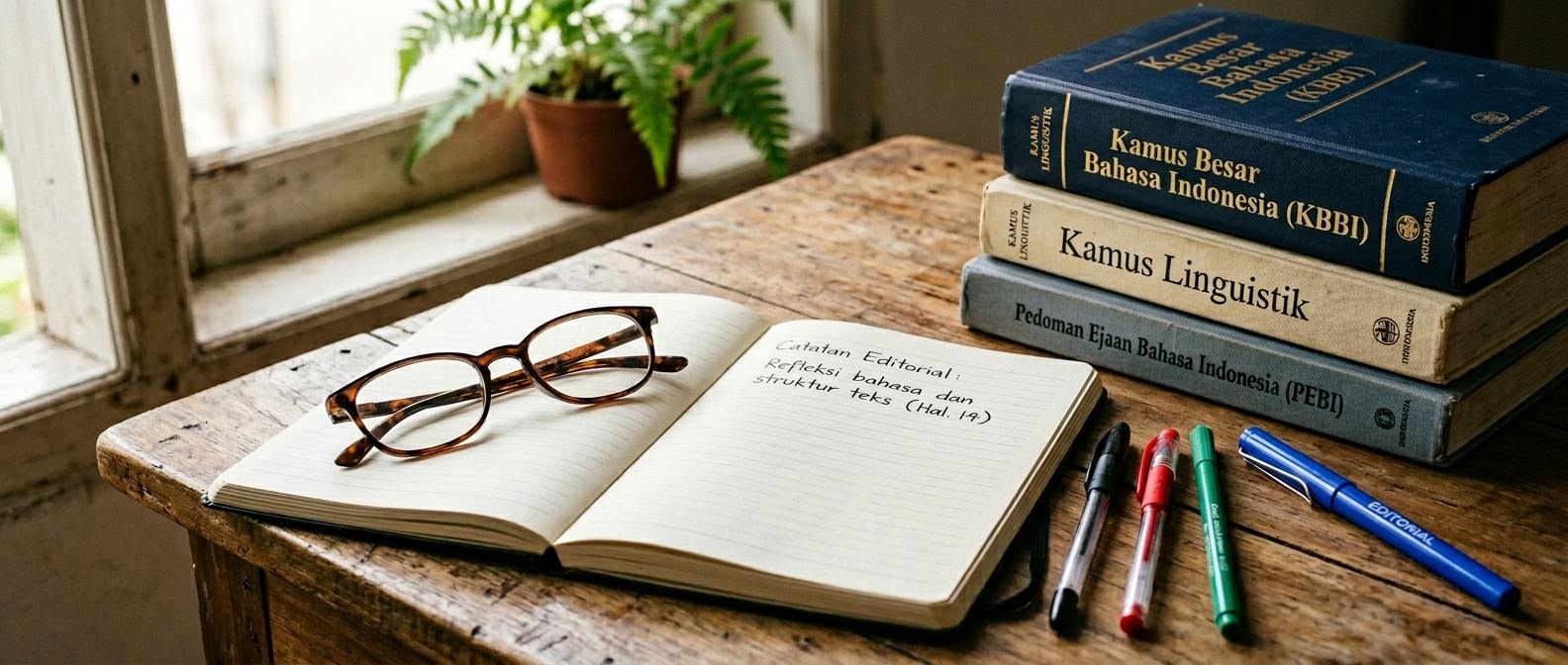 Buku catatan terbuka dengan pena dan kacamata di atas meja kayu, suasana belajar mandiri literasi keuangan.